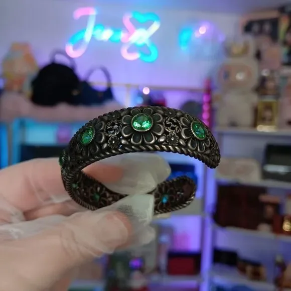 GUCCI Crystal Floral G Bangle 925 Silver Bracelet Green - Picture 2 of 14